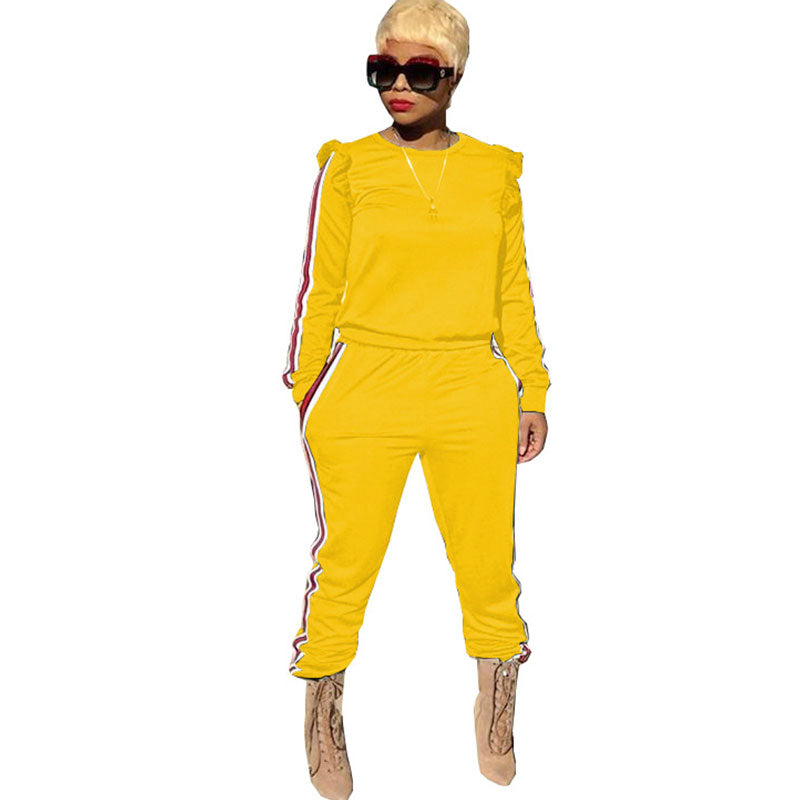 S-3XL Round Collar Long-sleeve Stringy Selvedge Top And Pants Casual Sports Two Piece Sets