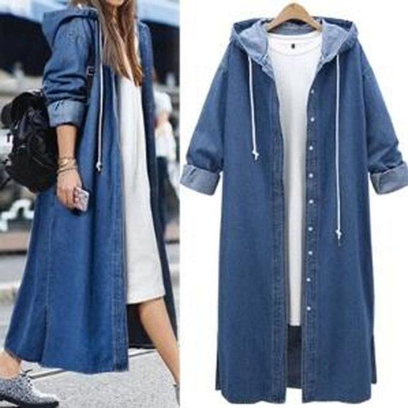 Abrigo informal de mezclilla con capucha y manga larga para mujer, tallas S-XL