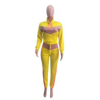 Conjuntos casuales de dos piezas para mujer, tallas S-XXL, con top corto y pantalón con cremallera y retazos de manga larga