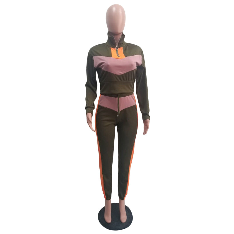 Conjuntos casuales de dos piezas para mujer, tallas S-XXL, con top corto y pantalón con cremallera y retazos de manga larga