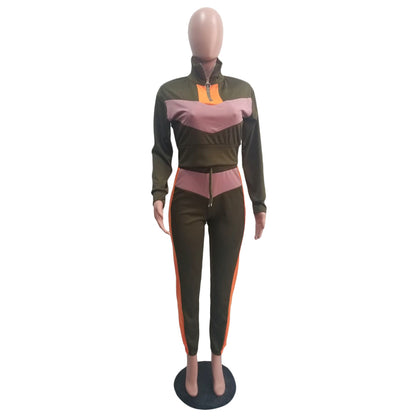 Conjuntos casuales de dos piezas para mujer, tallas S-XXL, con top corto y pantalón con cremallera y retazos de manga larga