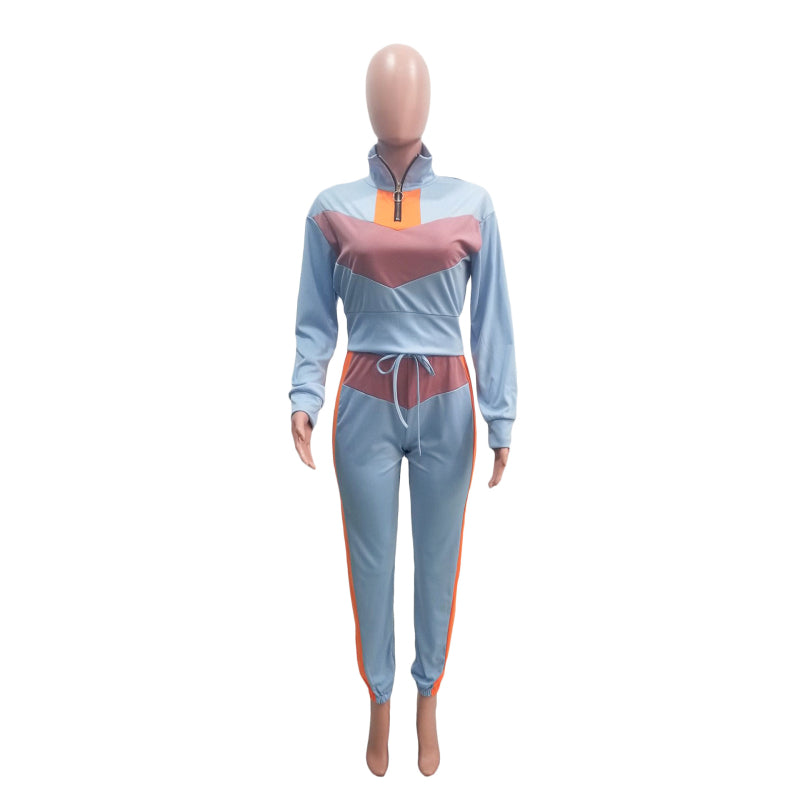Conjuntos casuales de dos piezas para mujer, tallas S-XXL, con top corto y pantalón con cremallera y retazos de manga larga