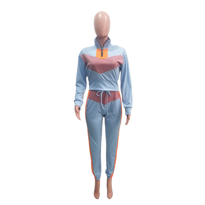 Conjuntos casuales de dos piezas para mujer, tallas S-XXL, con top corto y pantalón con cremallera y retazos de manga larga