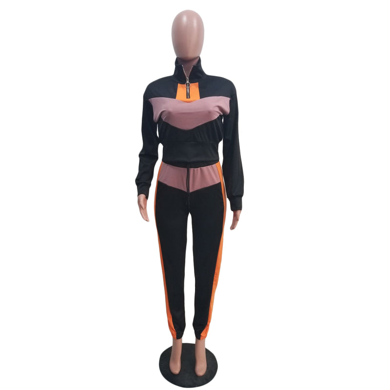 Conjuntos casuales de dos piezas para mujer, tallas S-XXL, con top corto y pantalón con cremallera y retazos de manga larga