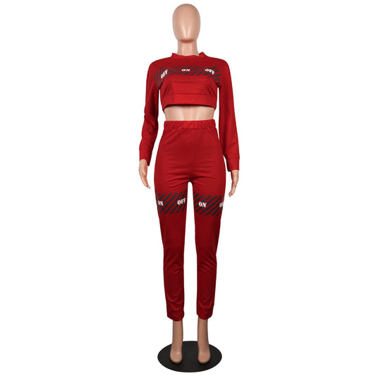 Conjunto informal de dos piezas con top corto y pantalón con estampado de letras, manga larga y escote redondo, tallas S-XXL