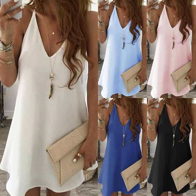 S-5XL Solid Color V-neck Sleeveless Spaghetti Strap Loose Casual Dress