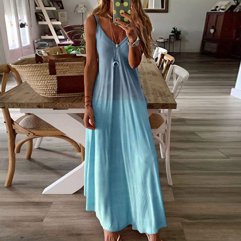 S-5XL Fashion Gradient Color V-neck Sleeveless Maxi Casual Sling Dress
