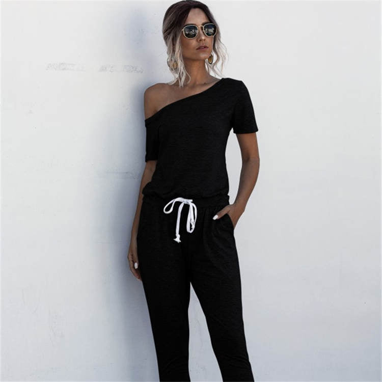S-XL Women Casual Solid Color Short-sleeve Irregular Jumpsuits
