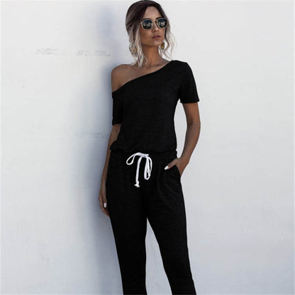 S-XL Women Casual Solid Color Short-sleeve Irregular Jumpsuits