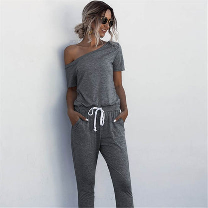 S-XL Women Casual Solid Color Short-sleeve Irregular Jumpsuits