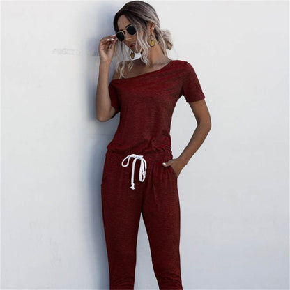 S-XL Women Casual Solid Color Short-sleeve Irregular Jumpsuits
