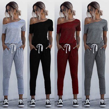 S-XL Women Casual Solid Color Short-sleeve Irregular Jumpsuits