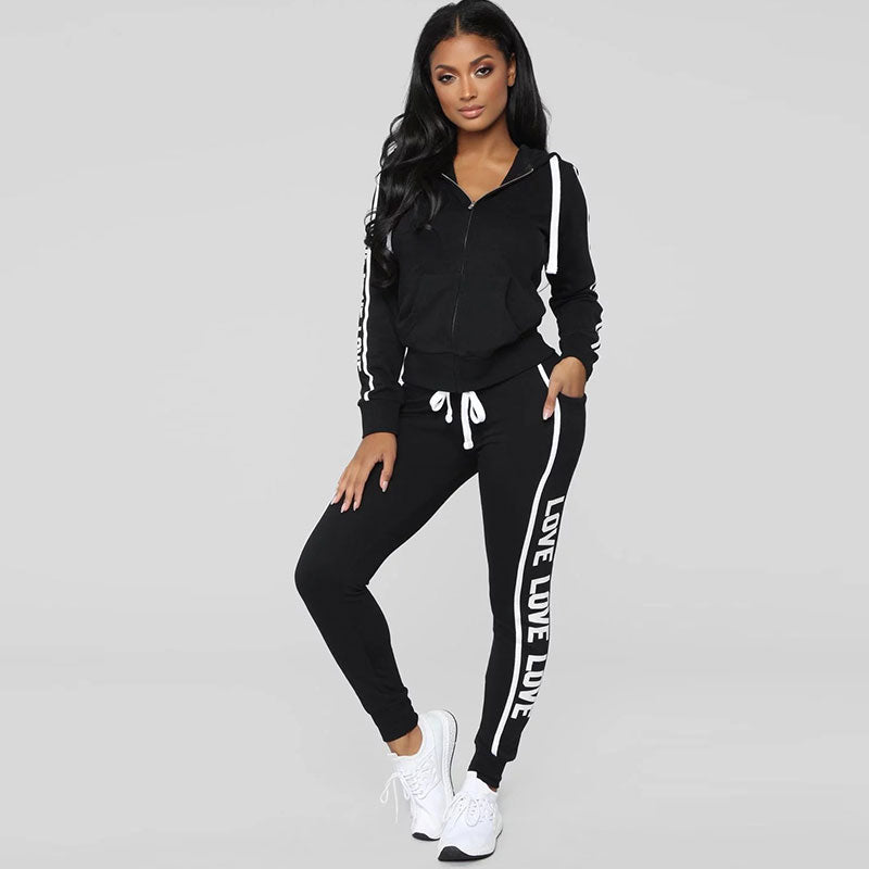 Conjuntos casuales de dos piezas, top y pantalón con cremallera, estampado de letras y manga larga con capucha, tallas S-XXL