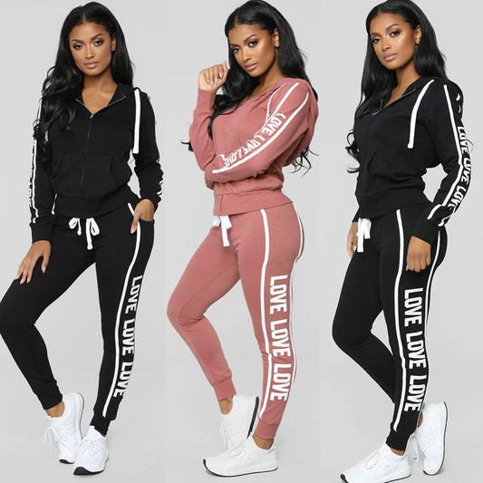 Conjuntos casuales de dos piezas, top y pantalón con cremallera, estampado de letras y manga larga con capucha, tallas S-XXL