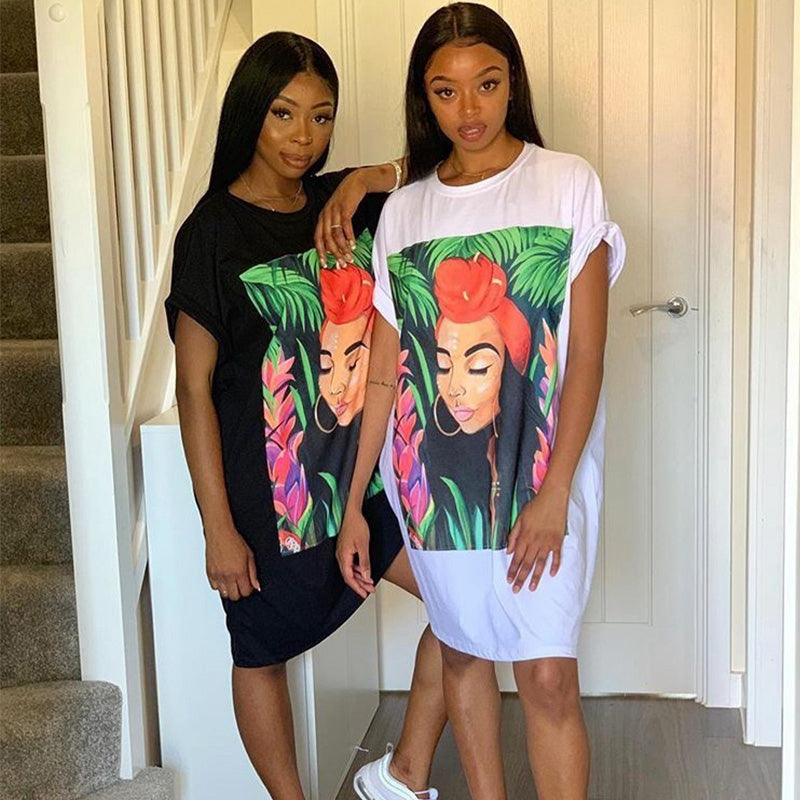S-XXL Fashion Graphic Print Round Collar Short-sleeve Casual Dress