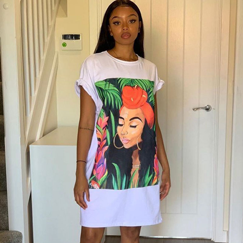 S-XXL Fashion Graphic Print Round Collar Short-sleeve Casual Dress