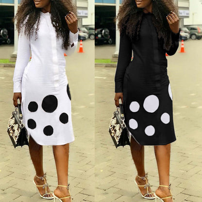S-XXL Round Neckline Long-sleeve Polka Dot Midi Casual Dress