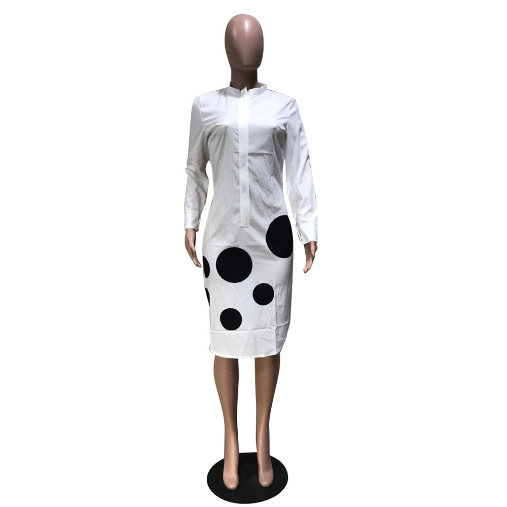 S-XXL Round Neckline Long-sleeve Polka Dot Midi Casual Dress