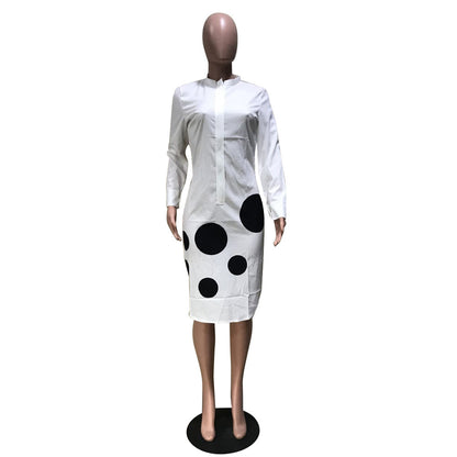 S-XXL Round Neckline Long-sleeve Polka Dot Midi Casual Dress