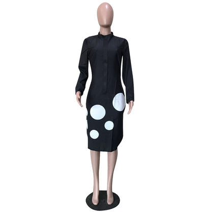 S-XXL Round Neckline Long-sleeve Polka Dot Midi Casual Dress