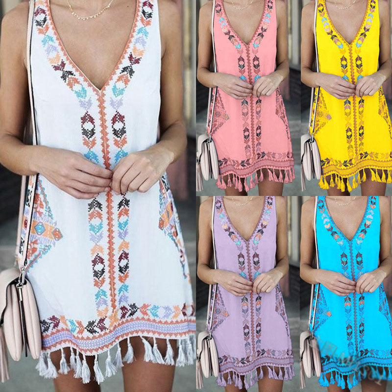 S-5XL Women Ethnic Style V-neck Sleeveless Print Tassels Decor Casual Dress