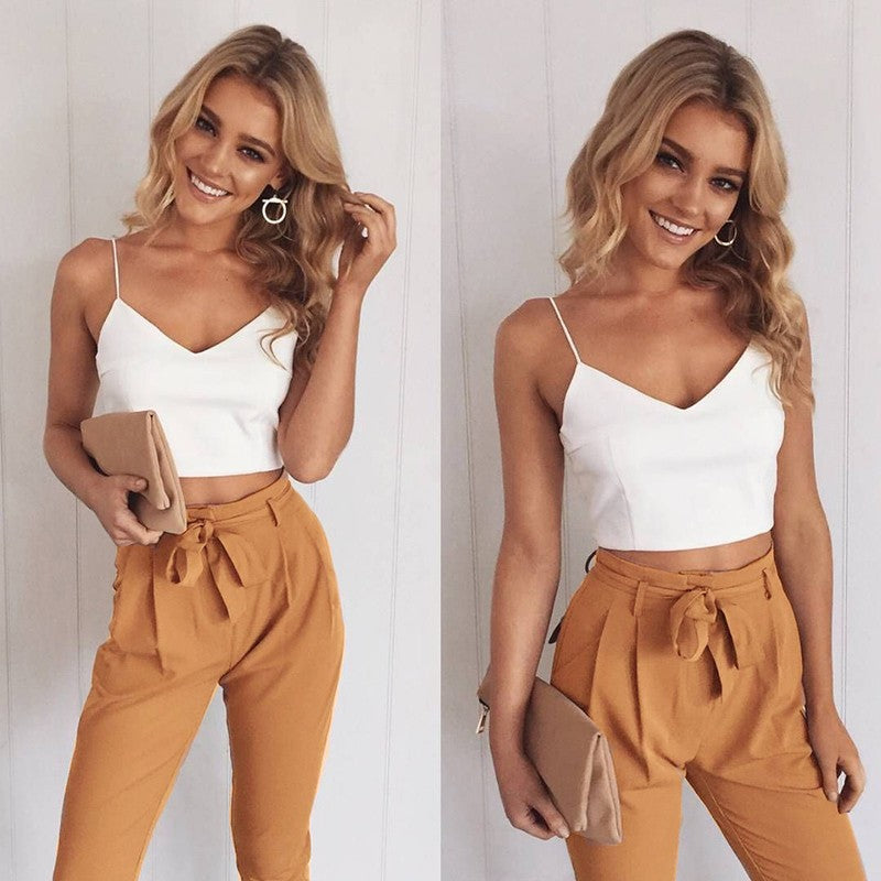 Conjuntos de dos piezas de moda con camiseta sin mangas blanca y pantalones casuales de color liso tallas S-XL
