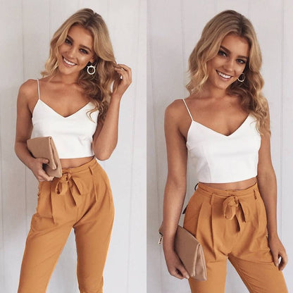 Conjuntos de dos piezas de moda con camiseta sin mangas blanca y pantalones casuales de color liso tallas S-XL