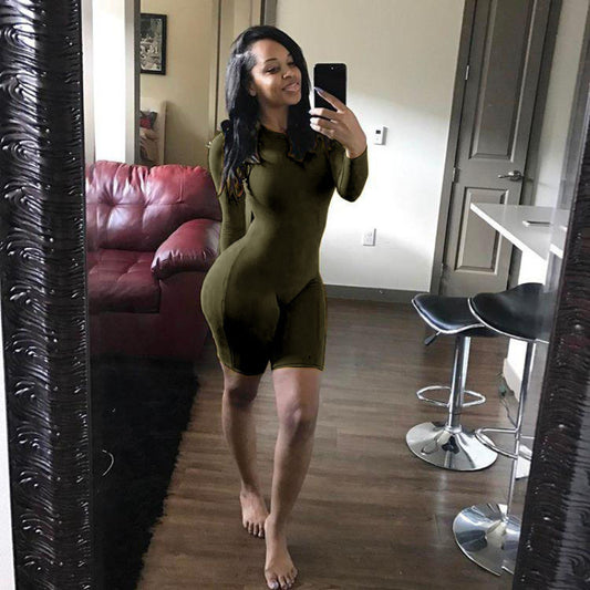 S-2XL Women Solid Color Long Sleeve Fitness Casual Rompers