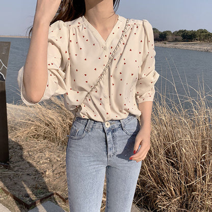 Blusa informal con cuello en V y estampado de corazones para mujer tallas S-XXL