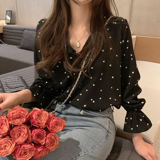 Blusa informal con cuello en V y estampado de corazones para mujer tallas S-XXL