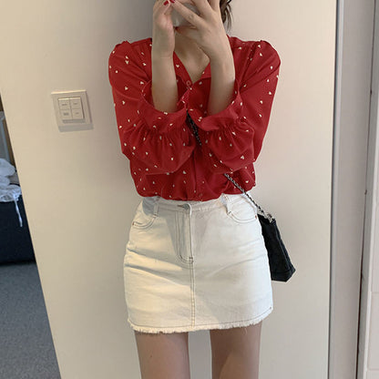 Blusa informal con cuello en V y estampado de corazones para mujer tallas S-XXL