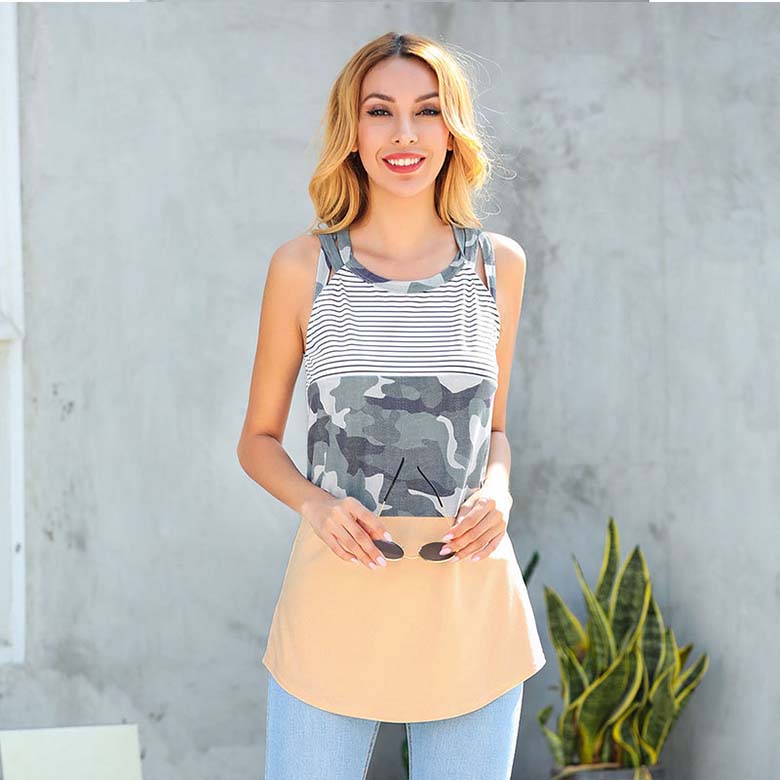 Camiseta sin mangas informal con estampado de rayas y patchwork para mujer tallas S-XXL