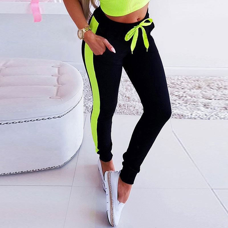 S-XL Women Color Blocking Lace-up Casual Jogger Pants