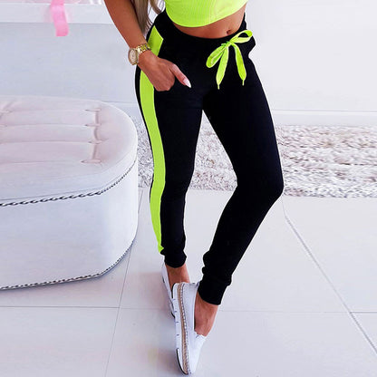 S-XL Women Color Blocking Lace-up Casual Jogger Pants