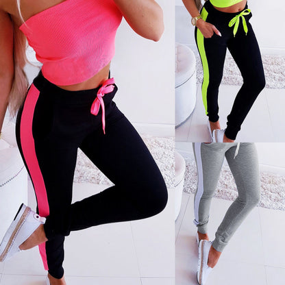 S-XL Women Color Blocking Lace-up Casual Jogger Pants
