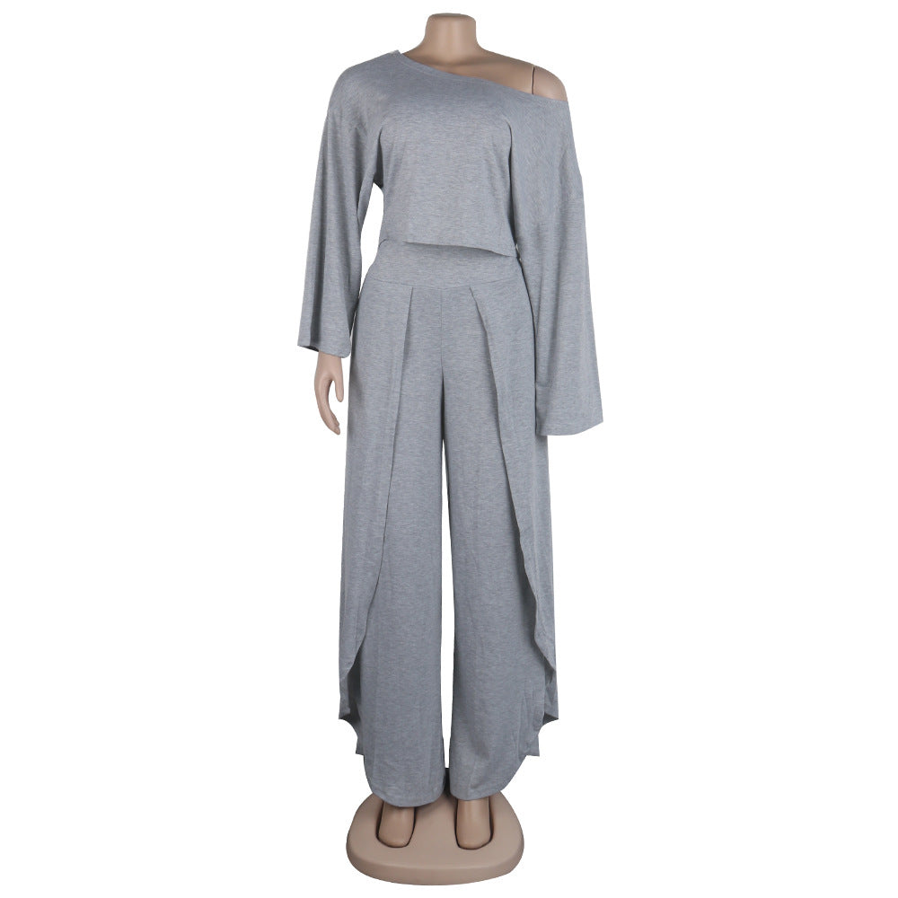 Conjunto de dos piezas de color liso con top corto de manga larga y pantalones casuales con abertura en los hombros, tallas S-3XL