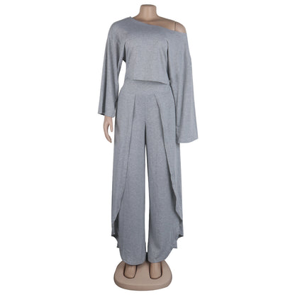 Conjunto de dos piezas de color liso con top corto de manga larga y pantalones casuales con abertura en los hombros, tallas S-3XL