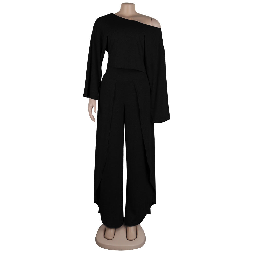 Conjunto de dos piezas de color liso con top corto de manga larga y pantalones casuales con abertura en los hombros, tallas S-3XL