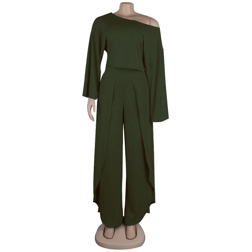 Conjunto de dos piezas de color liso con top corto de manga larga y pantalones casuales con abertura en los hombros, tallas S-3XL