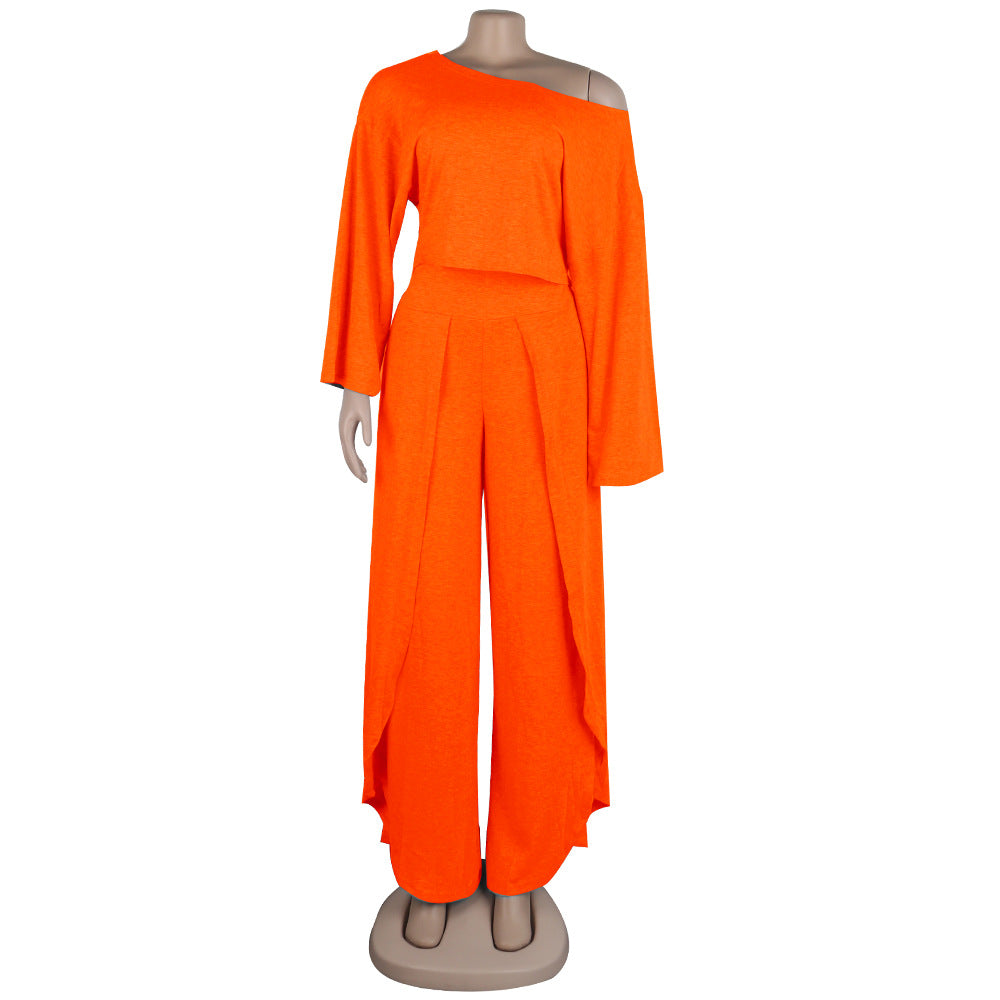 Conjunto de dos piezas de color liso con top corto de manga larga y pantalones casuales con abertura en los hombros, tallas S-3XL