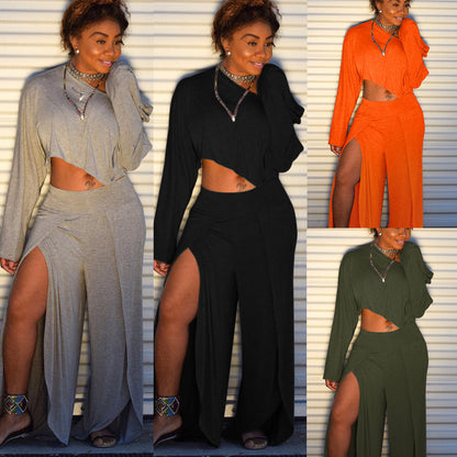 Conjunto de dos piezas de color liso con top corto de manga larga y pantalones casuales con abertura en los hombros, tallas S-3XL