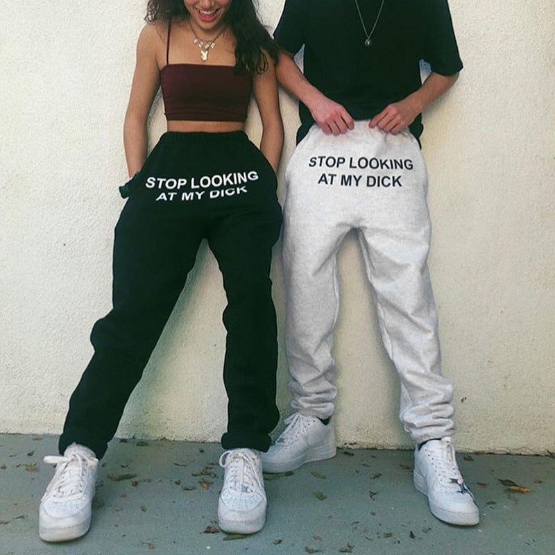 S-3XL Letter Print High Waist Lace-up Casual Sports Pants