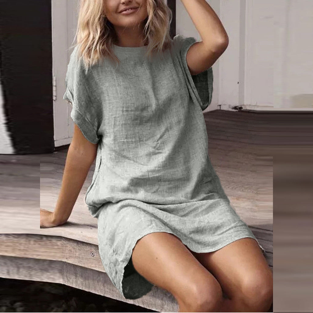 S-2XL Round Neckline Short-sleeve Solid Color Loose Casual Dress