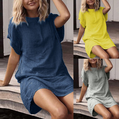 S-2XL Round Neckline Short-sleeve Solid Color Loose Casual Dress