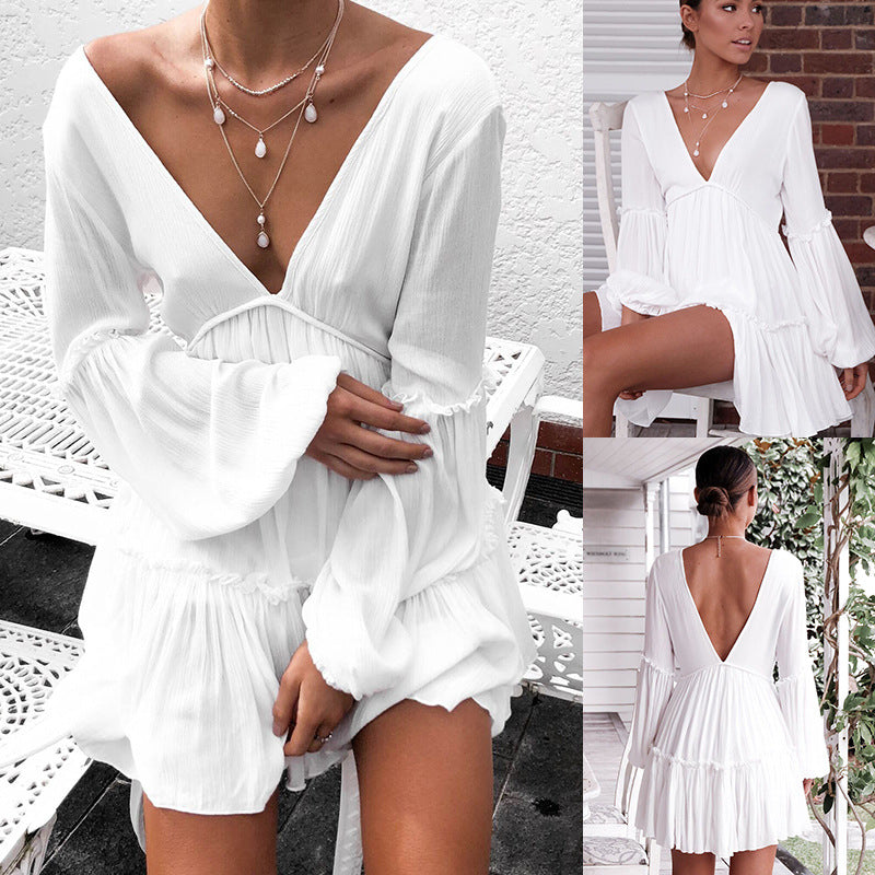 S-XXL Women Solid Color Long-sleeve V Neck Casual Ruffled Dress