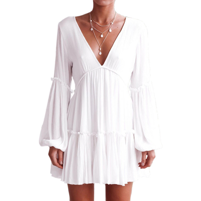 S-XXL Women Solid Color Long-sleeve V Neck Casual Ruffled Dress
