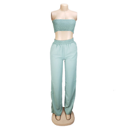 Conjunto de dos piezas de top y pantalón casual elástico para mujer tallas S-2XL