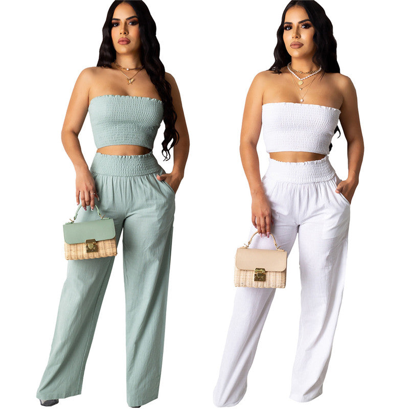 Conjunto de dos piezas de top y pantalón casual elástico para mujer tallas S-2XL