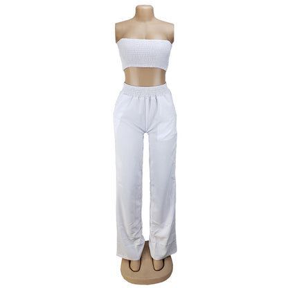 Conjunto de dos piezas de top y pantalón casual elástico para mujer tallas S-2XL