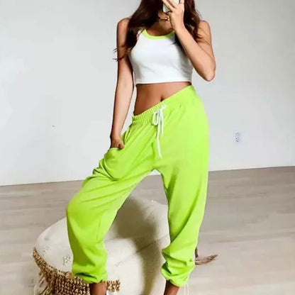 S-L Women Fashion Solid Color Elastic Waist Casual Jogger Pants